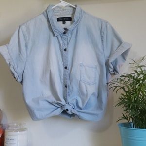 Acid wash denim button down top
